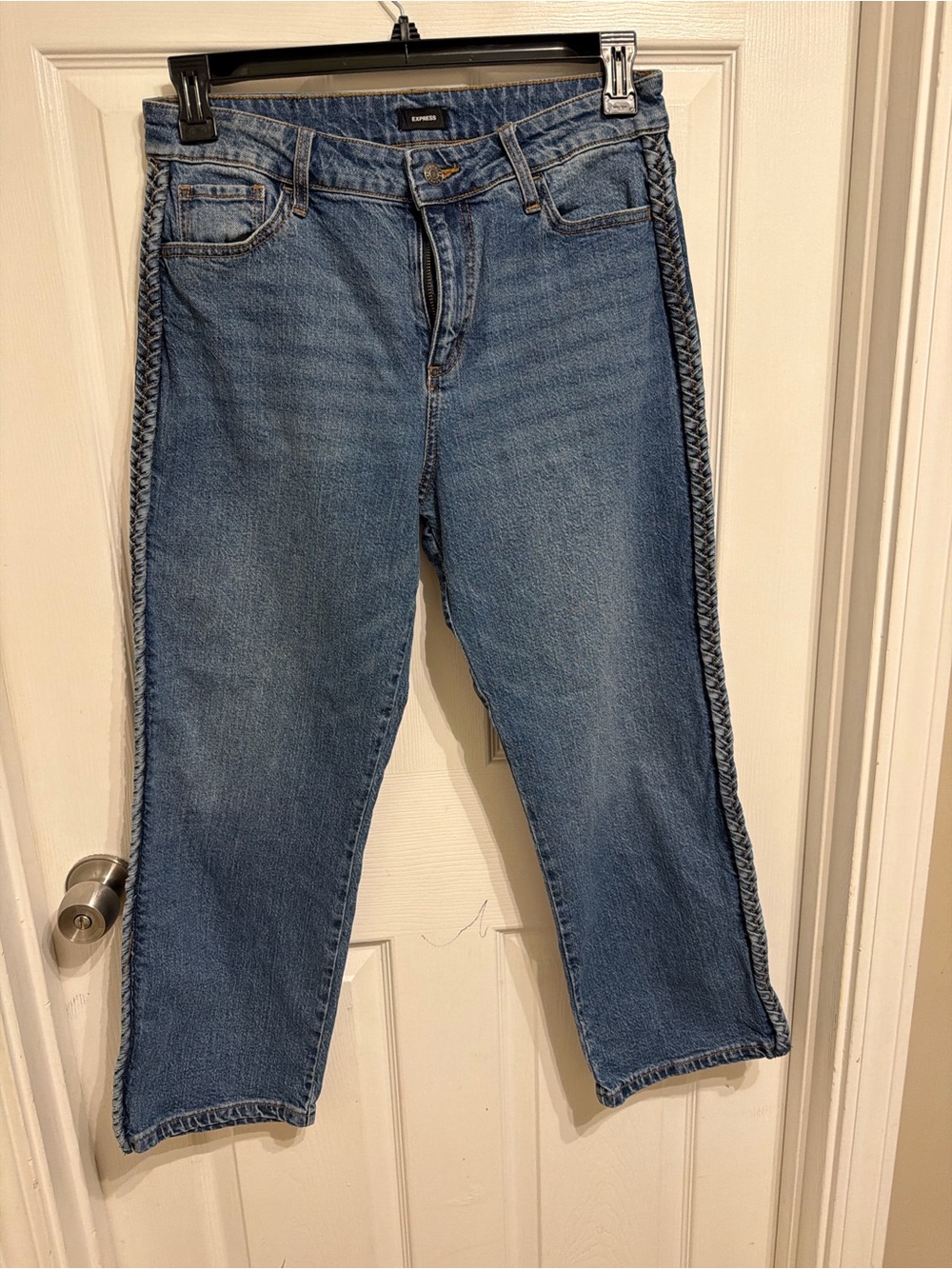 Express Braided-Trim Cropped Jeans in Medium Blue